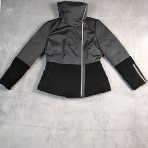 WHBM Black Puffer Jacket Small Velvet Hem Asymmetrical Zip Oversized Collar